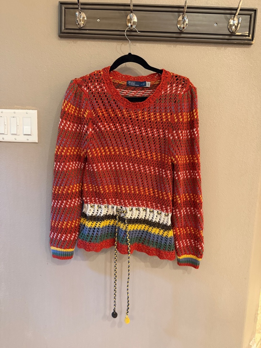 Polo by Ralph Lauren Red Open-Weave Crewneck Sweater with Rainbow Hem